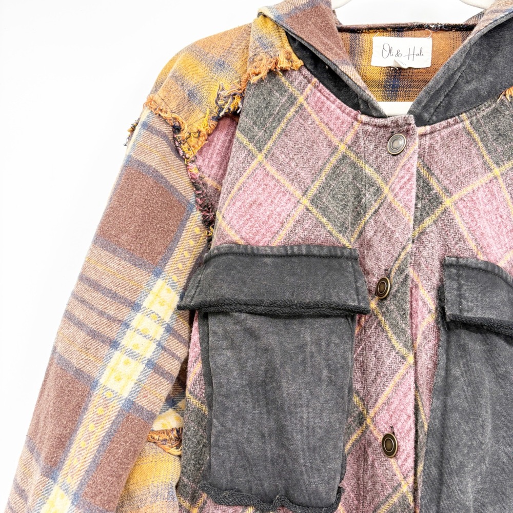 Oli & Hali Women Plaid Distressed Patchwork Boho Grunge Flannel Hooded Shacket L - Picture 4 of 8